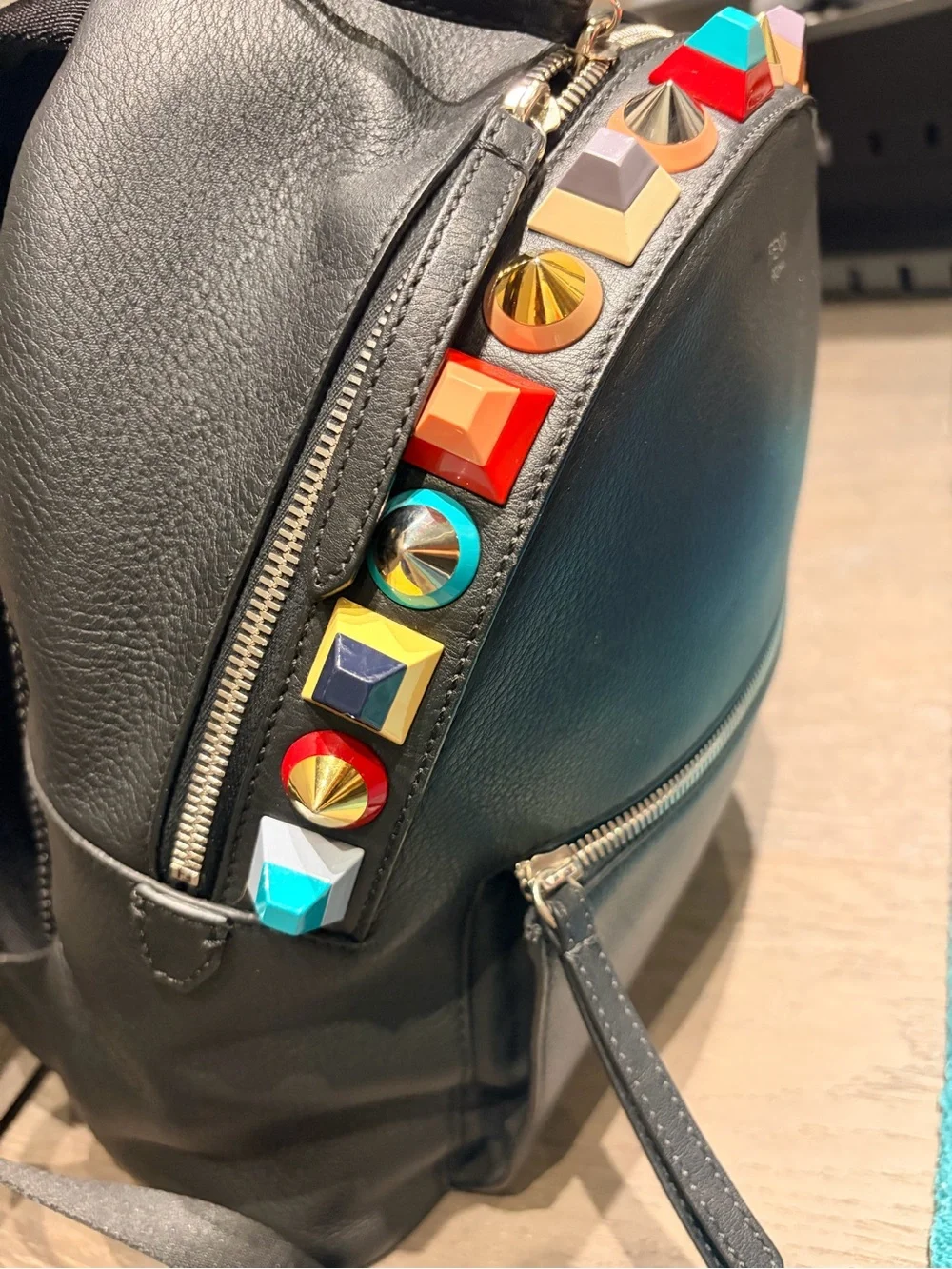 Fendi “Rainbow” Studded Leather Backpack – Black with Multicolor Studs